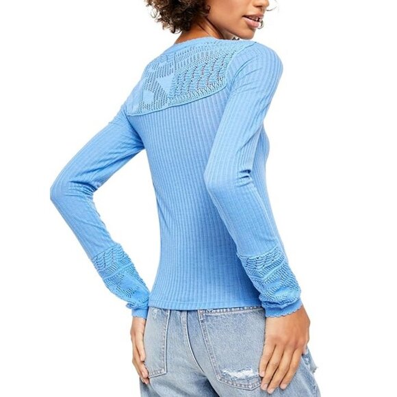 Free People Colette Scalloped Trim Open Stitch Pullover Sweater Size XS Blue - Picture 2 of 15